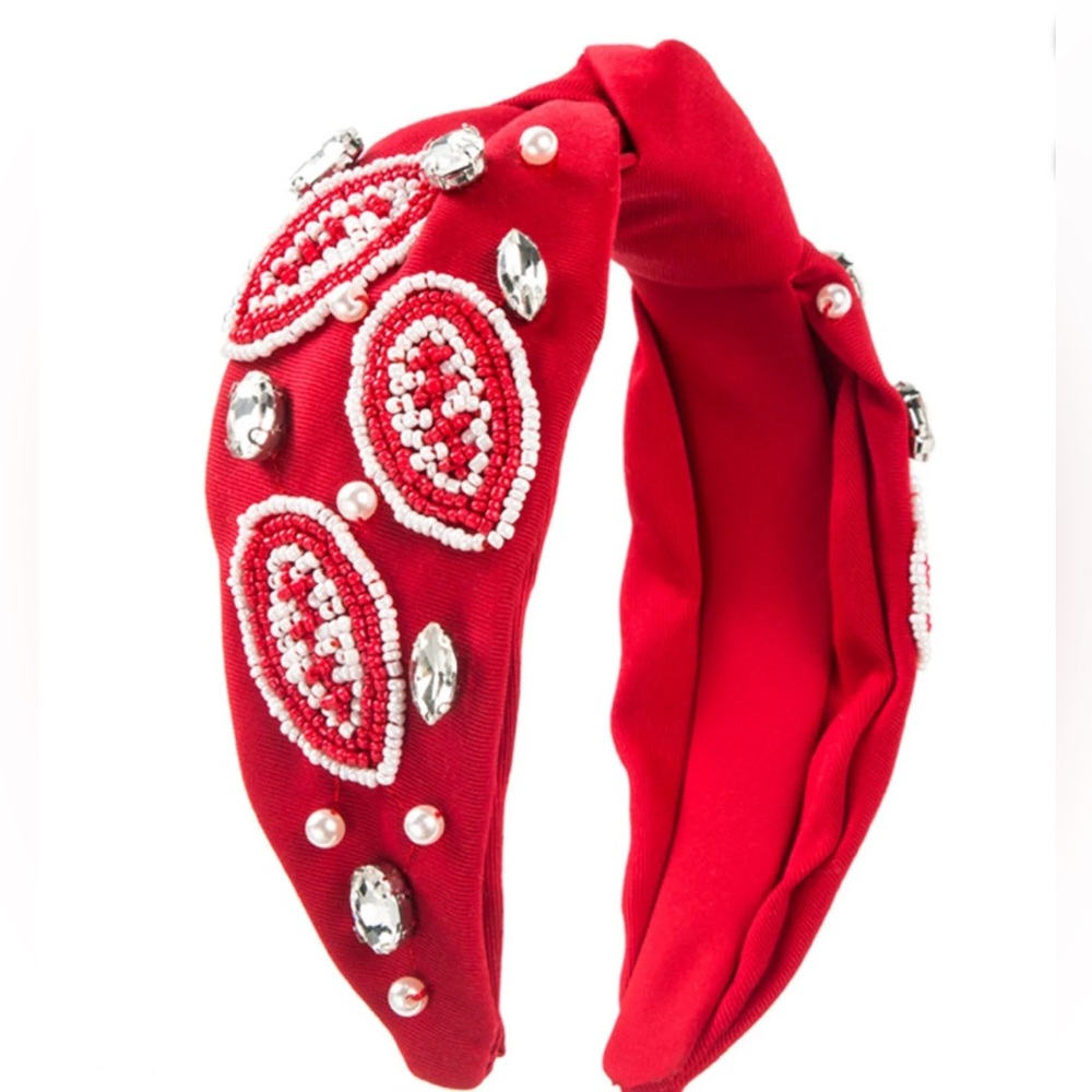 Red Beaded Football Gameday Top Knot Headband NEW